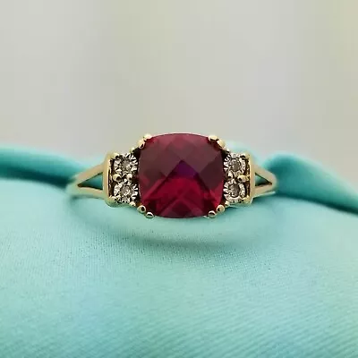 Vintage 10K Gold Synthetic Ruby Diamond Split Ring-Dainty-7.2mm Ruby-July Stone- • $200