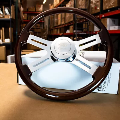 18  Wood Steering Wheel Chrome 4 Spoke Smooth Freightliner Kenworth Peterbilt • $189.94