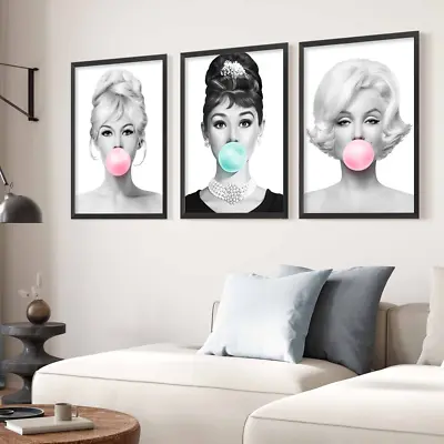 Audrey Hepburn Marilyn Monroe Brigitte Bardot Bubble-gum  Wall Art 3 Set Print • £23.99