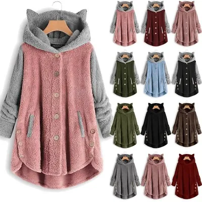 Womens Cat Ears Winter Warm Fleece Hoodie Coat Ladies Sweater Long Hooded Jacket • £33.43