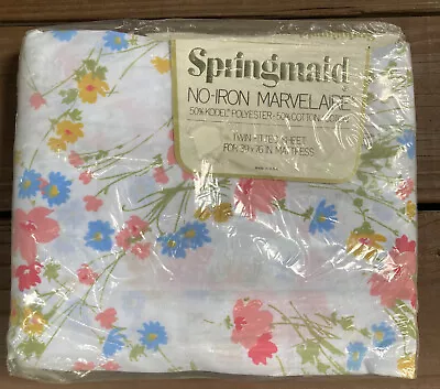 Vintage Springmaid Windrift Twin Fitted Sheet Marvelaire NEW NOS Floral Pink Blu • $35.59