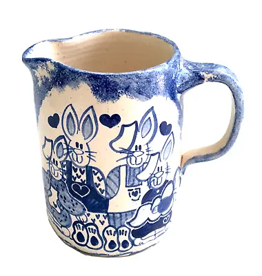 Vtg 6  Blue Sponge Ware Bunny Hand Thrown Studio Art Pottery Pitcher - OMP 1989 • $26