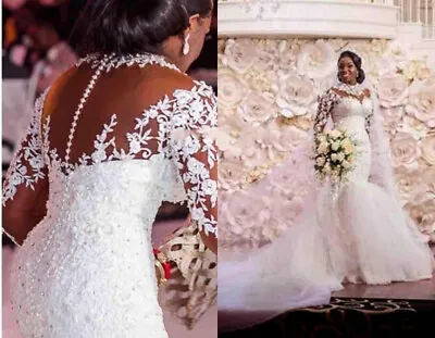 Vintage Mermaid Wedding Dress High Neck Long Sleeves Appliques Beads Bridal Gown • $152.80