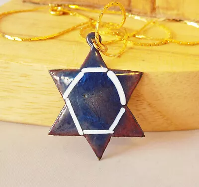 Vintage Enamel On Copper Star Of David Pendant Necklace Blue White • $24.99