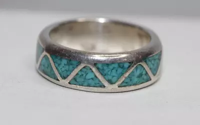 Navajo Sterling Silver Vintage Crushed Turquoise Sawtooth Band Ring Size 7 • $14.99