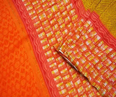 Vintage Mustard  Dupatta Long Stole Printed 100% Pure Silk Indian Scarf Veil • $21.60