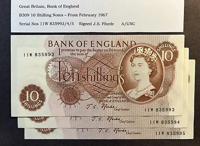 3 Consecutive 10/- SHILLING BANK NOTES - B309 - “J.S. Forde” A/UNC • £6.50