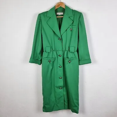 Vintage 1980s Yves Saint Laurent Trench Coat Womens UK 12 Green Long Macintosh • £99.95