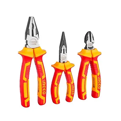 INGCO 3Pcs 1000V VDE Insulated Plier Set Combi Pliers Side Cutters & Long Nose • £23.99