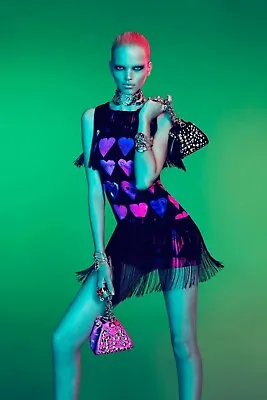 Versace H&m Pink Heart Flapper Fringe Art Deco 20's Dress Uk 12 Us 8 Medium Bnwt • $189.47