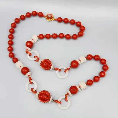 Vintage Miriam Haskell Signed Tomato Red Bead Lucite Donut Station Necklace 28  • $70.36