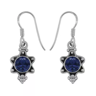 Vintage 5MM Round Blue Sapphire 925 Sterling Silver Women Dangle Earrings • $30.99