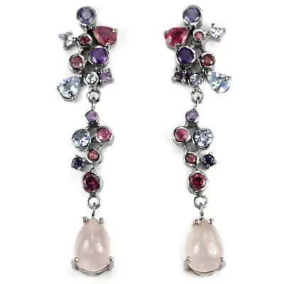 💎925 Sterling Silver Natural Multi-Gem 50x12mm Drop Earrings ~ E0119💎 • £43