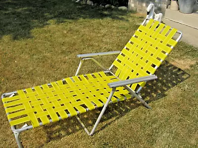 Vintage Aluminum Webbed Folding Chaise Lounge Lawn Chair Yellow Beach Pool • $46.77