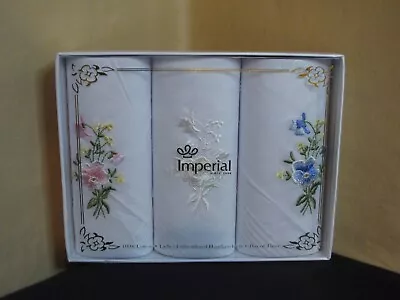 Vintage Ladies Handkerchiefs Floral Embroidered Cotton Set Of 3  In Original Box • $13.99