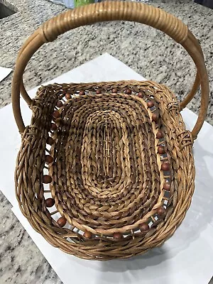 VTG Wicker Flower Herb Gathering Basket Handle Wooden Beads 15  Made Philippines • $15.99