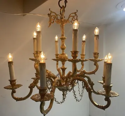 Antique Gilded Bronze 12 Light Chandelier W/ Prisms Elegant Vtg French Lighting • $3500