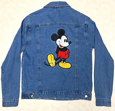 Vintage Disney Embroidered Mickey Mouse Denim Trucker Blue Jean Jacket Large 90s • $48