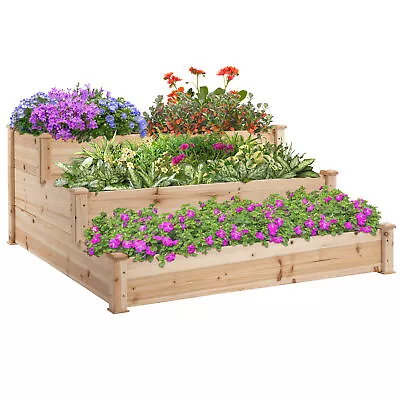 Outsunny Wooden Raised Bed 3-Tier Planter Kit Elevated Plant Box 124x124x56cm • £59.99