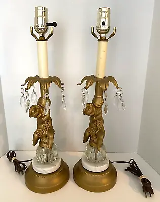 $109.95 • Buy Pair Of VTG Hollywood Regency Cherub Brass/Marble Table Lamps ~ Crystal Prisms