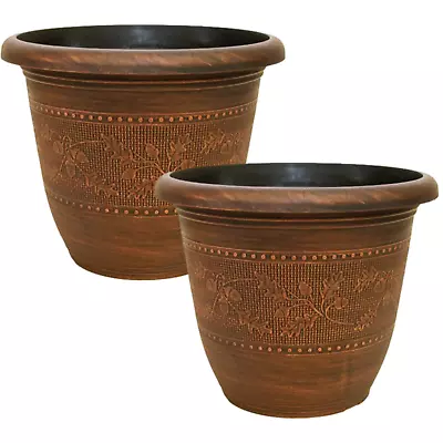 Set Of 2 Round 33cm Garden Plant Pot Antique Copper Acorn Flower Autumn Planter • £11.50