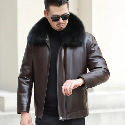 Mens Mid-length Fox Fur Collar Genuine Leather Down Jacket Winter Sheepskin Coat • $170.14