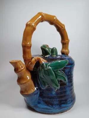 Frog Majolica Pottery Teapot Deep Blue Bamboo Pattern Handle Whimsical  • $19.99