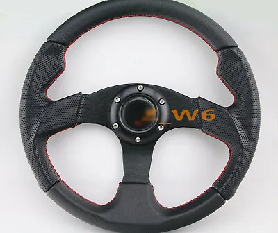 FLAT DISH 350MM 6 HOLE LEATHER & Red STITCH RACING JDM STEERING WHEEL & HORN • $41.99