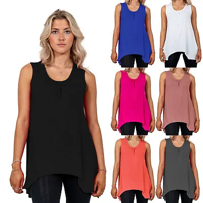 Ladies Top T-Shirt Sleeveless Hanky Hem Gathered Flared Swing Plus Size 8-26 • £5.99