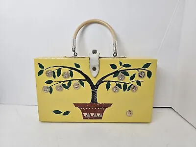Vtg Wooden Hand Made Gary Gails Dallas Handbag Cigar Box Purse Yellow Plant Tree • $19.99