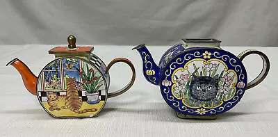 Vintage Kelvin Chen Lot Enamel Copper Miniature Cat Teapots #954 & 417 ~ As Is • $64.99
