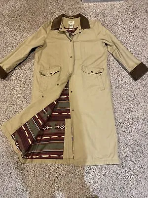VINTAGE L.L. Bean Long Duster Chore Barn Jacket  Beige Aztec Flannel Lined Sz: L • $79.90