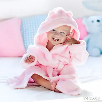 Baby Girls Robe Pink Hooded Dressing Gown Cute Soft Fleece Nightwear Bath Robes  • £10.99