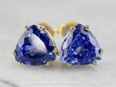 10k Yellow Gold 4Ct Trillion Cut Blue Tanzanite Solitaire Stud Earrings • $65.40