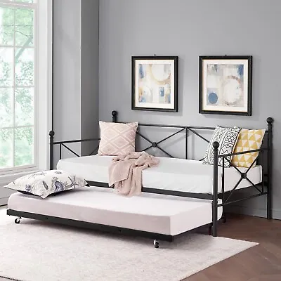 Twin Size Daybed With Pull Out Trundle Bed Frame Sofa Bed Metal Slat Support • $179.48