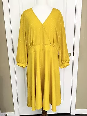 Eloquii Women's Mustard Yellow Polka Dot Dress 3/4 Sleeve Back Zip Lined Size 20 • $24