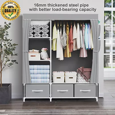 Fabric Canvas Wardrobe Clothes Closet With Hanging Rail & 3 Storage Boxes Grey • £26.99