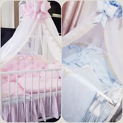 Luxury Baby Blue Pink Gold Quilted Cot Bed Bedding Set Bow Lace • £165