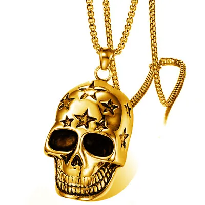 Men Silver Gothic Skull Necklace Stainless Steel Chain Pendant Retro Bikers Gift • £4.49