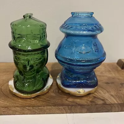 Lot If 2 Vintage Wheaton NJ Green/Blue  Glass Uncle Sam Head Piggy Bank 6” • $18