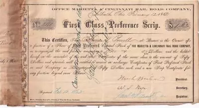 1862 Marietta & Cincinnati Rail Road Company - Script Stock Certificate • $25