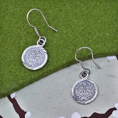 Vintage Mexico Sterling Silver Handmade Earrings 925 Mayan Calendar Tag Dangle • $30.60