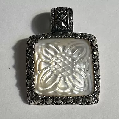 Vintage 925 Sterling Silver Marcasite & Carved Flower Mother Of Pearl Pendant • $20