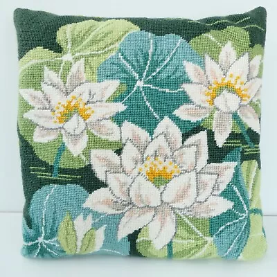 Vintage Handmade Needlepoint Pillow Waterlily Flowers Leaves 12x12 Inch Green • $26.98