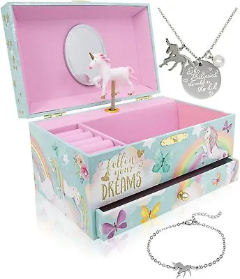 Unicorn Music Box Unicorn Necklace & Bracelet - Unicorn Gift Set Of 3 For Girls • $55.75