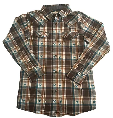 Cody James Shirt Boys XS Brown Blue Plaid Western Pearl Snap Sawtooth Youth • $26.41