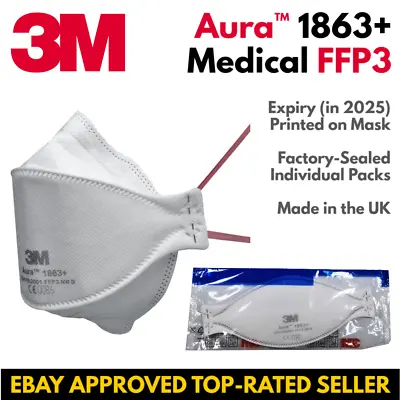 3M Aura 1863+ FFP3 Respirator N99 Medical Face Mask IIR Unvalved - EXPIRY 2026 • £2.85