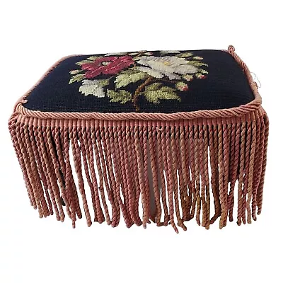 Vtg Embroidered Floral Foot Stool Cast Iron Legs Pink Fringe SEE PHOTO'S • $79.97