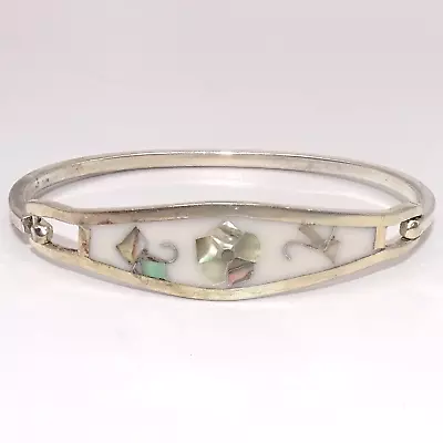 Bracelet Vintage Mexico Alpaca Silver Hinged Abalone Flower Inlay White Enamel • $13.95