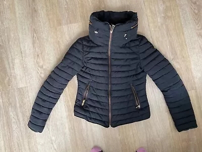 $21.94 • Buy ZARA Black Puffer Padded Jacket Coat Size Small With Fur Trim And Hidden Hud